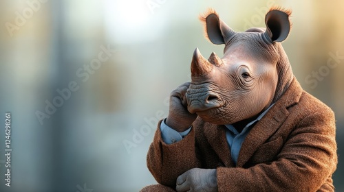 A contemplative rhino figure, stylishly dressed and resting its chin on a hand, presenting a mix of curiosity and charm in a soft bokeh background. photo