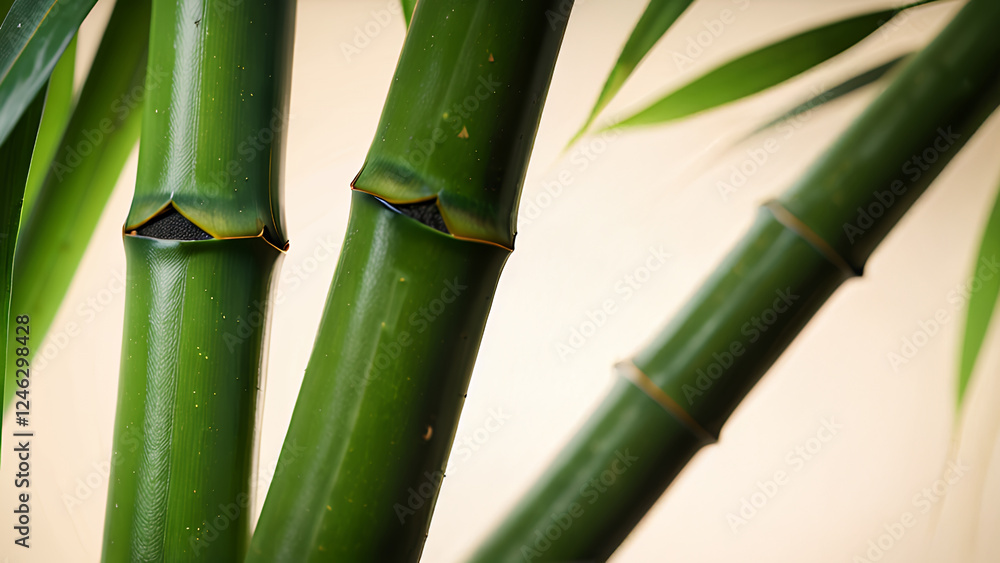Obraz premium Vibrant bamboo stalks with lush green leaves evoke feelings of vitality. The close-up composition highlights the organic textures and natural curves of the stems, emphasizing themes of nature's beauty