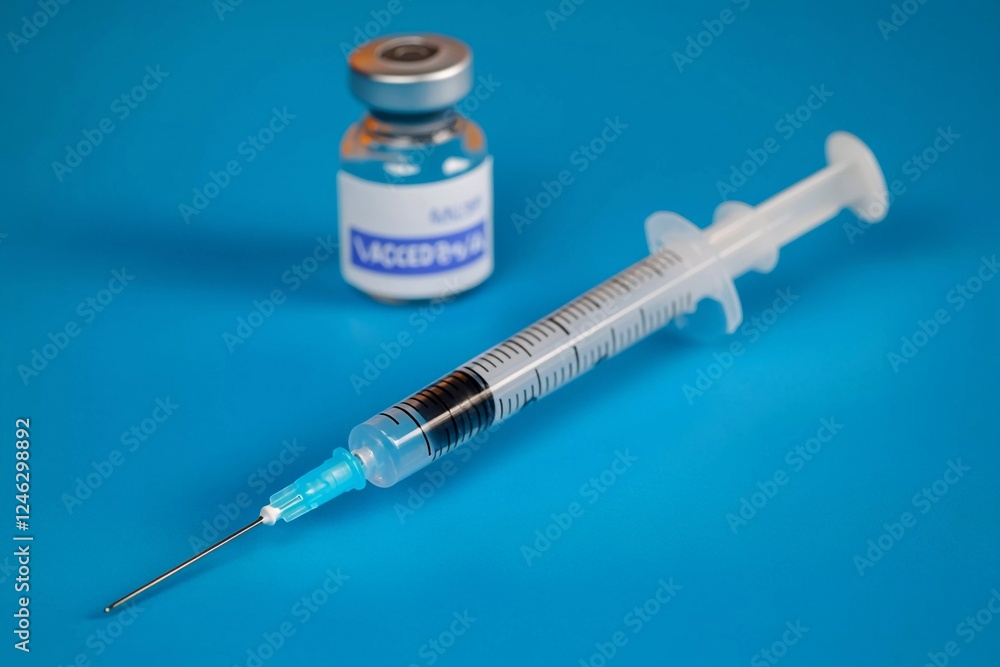 Vaccine preparation using a sterile syringe and a vial on a blue background Vaccine preparation using a sterile syringe and a vial on a blue background