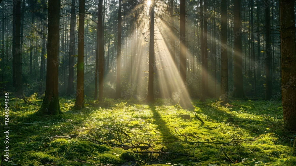 Fototapeta premium Sunlight Filtering Through Tall Trees in a Lush Green Forest with Soft Shadows on the Ground