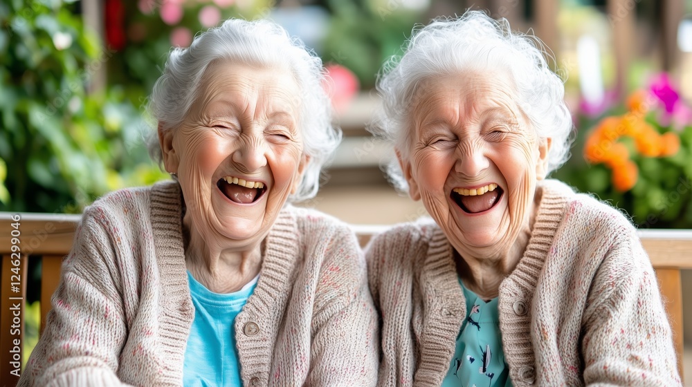 Two elderly twin sisters share a moment of joy, laughing heartily while sitting on a bench in a garden setting. Their happiness and connection are evident in their expressions Two elderly twin sisters share a moment of joy, laughing heartily while sitting on a bench in a garden setting. Their happiness and connection are evident in their expressions