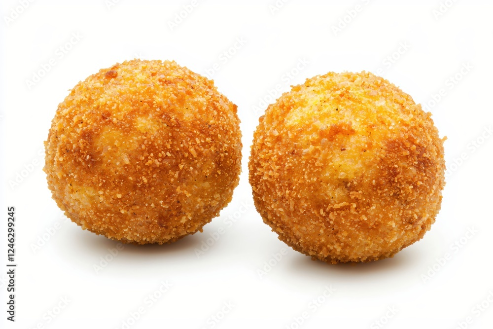 Two Golden Fried Arancini Balls on a White Background Delicious Italian Street Food Treat Two Golden Fried Arancini Balls on a White Background Delicious Italian Street Food Treat
