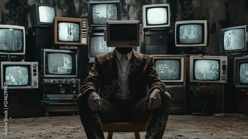 A dystopian scene of a man with an old television for a head sitting in a dark room surrounded by vintage TV sets symbolizing media overload and control
