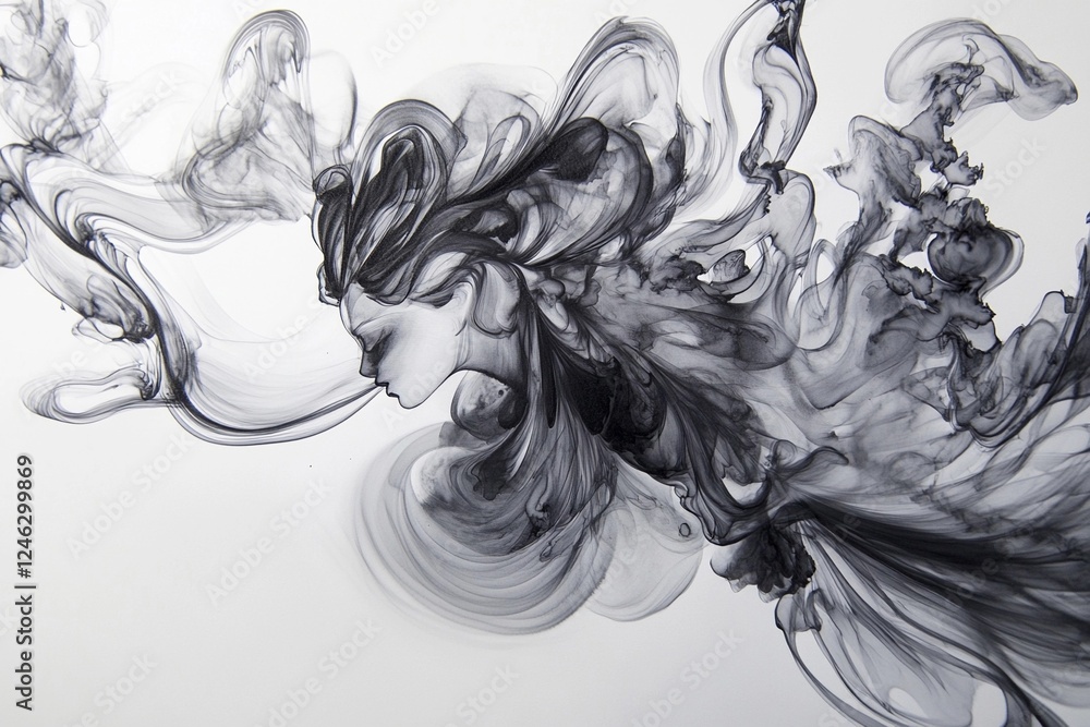 Fototapeta premium Elegant black smoke swirls create dynamic abstract patterns on a white background