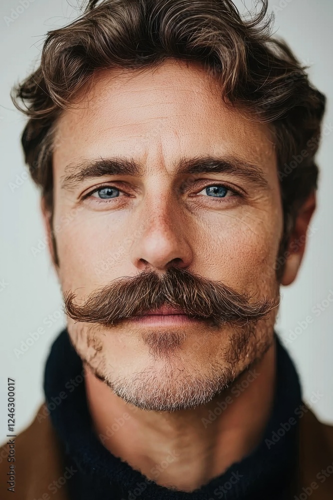Fototapeta premium Handsome man with a prominent mustache poses confidently in a well-lit indoor setting with a neutral background during the day