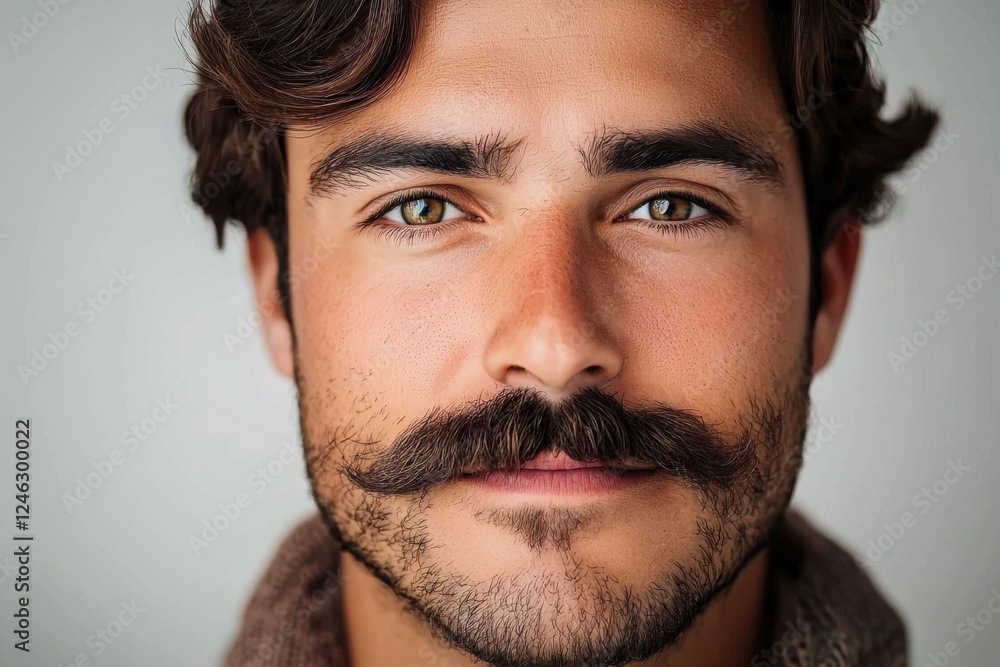 Obraz premium Close-up portrait of a man with a stylish mustache and expressive eyes showcasing natural skin tones and texture in a neutral setting