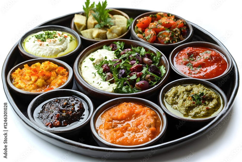 Delicious assortment of middle eastern dips and appetizers in bowls on a tray studio shot Delicious assortment of middle eastern dips and appetizers in bowls on a tray studio shot