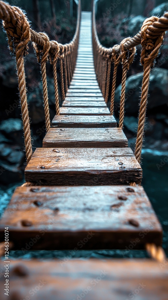 Obraz premium A wooden suspension bridge stretches over a serene body of water in a remote forest during early morning light