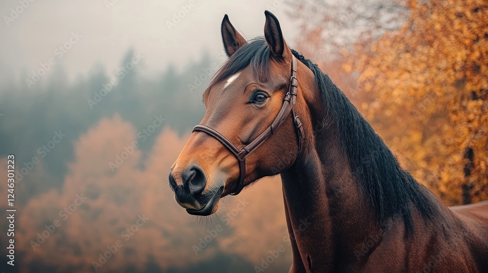 Obraz premium Chestnut horse portrait, autumn forest