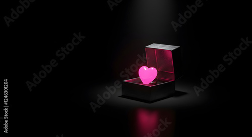 Minimal black background with a single glowing pink heart ring, a silver gift box photo