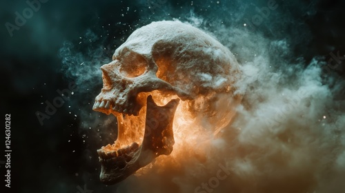 A chilling skull is depicted erupting in a swirling explosion of fiery smoke, creating a striking image that conveys deep themes of mortality and the fierce nature of existence. photo