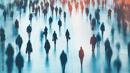 A crowd of people walking with motion blur creating a sense of anonymity and urban isolation in a busy modern city setting
