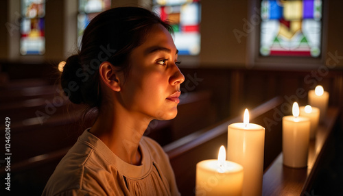Young Asian woman reflecting during Maundy Thursday Mass in church, spirituality