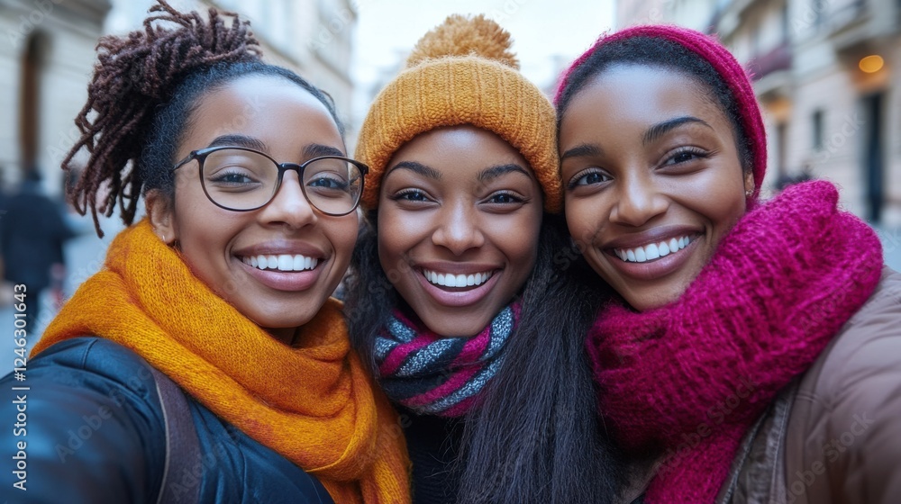 Three friends smiling together on a winter day while exploring a beautiful city street adorned with festive decorations Three friends smiling together on a winter day while exploring a beautiful city street adorned with festive decorations