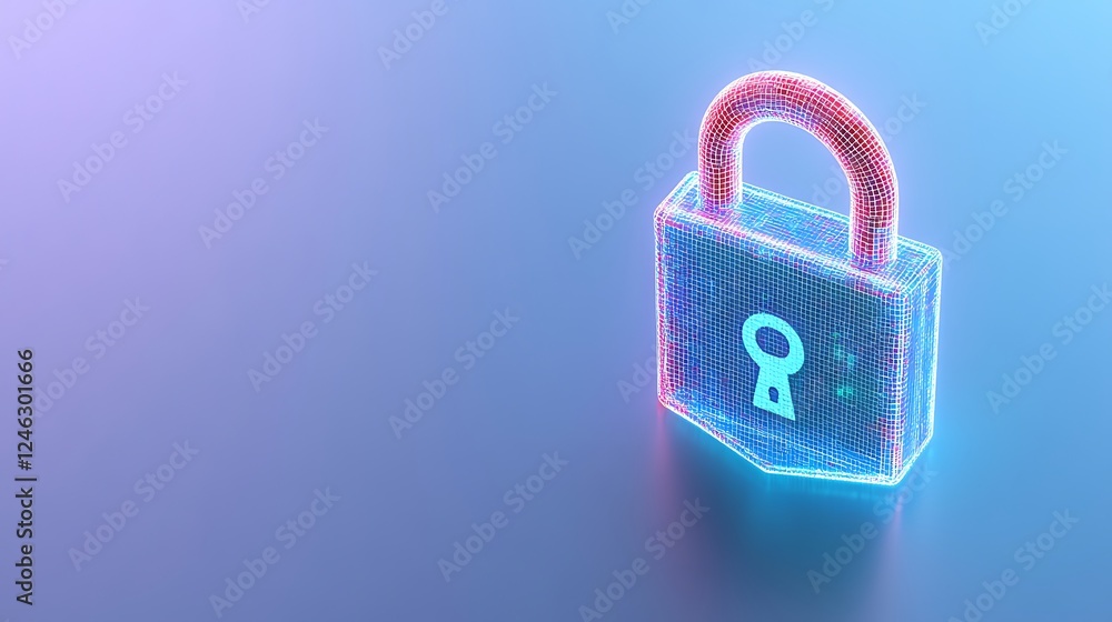 Fototapeta premium Digital Lock Icon in Vibrant Wireframe Design for Cybersecurity and Data Protection Concepts