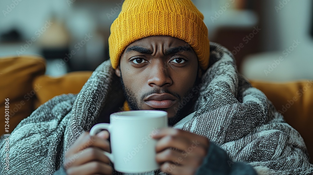 Man in cozy blanket enjoys hot beverage at home during cold winter morning Man in cozy blanket enjoys hot beverage at home during cold winter morning
