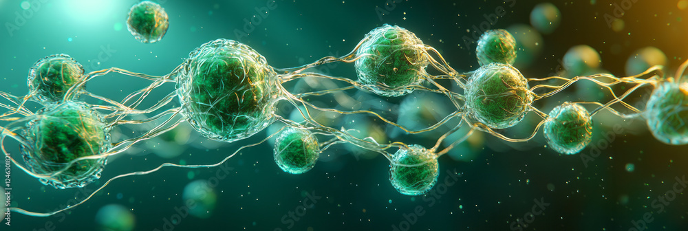 A crisp, detailed view of textured orbs in a molecular network, bound by delicate, organic strands A crisp, detailed view of textured orbs in a molecular network, bound by delicate, organic strands