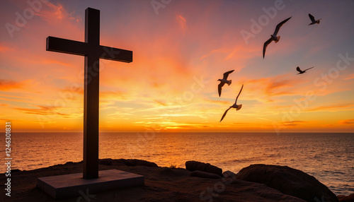 Wallpaper Mural Silhouette of cross at sunset over calm sea, reflection and hope Torontodigital.ca