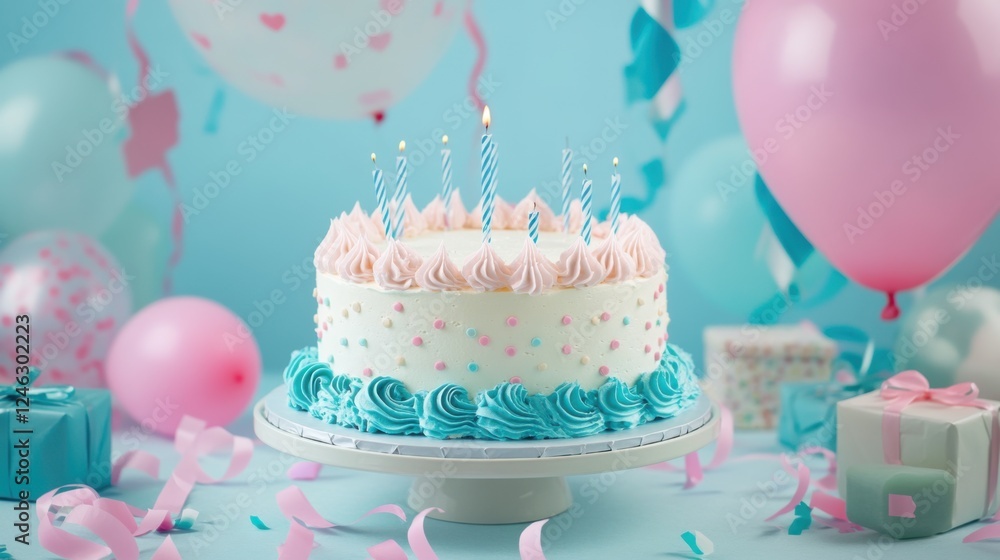 Colorful Birthday Cake with Candles Surrounded by Balloons and Gifts Colorful Birthday Cake with Candles Surrounded by Balloons and Gifts