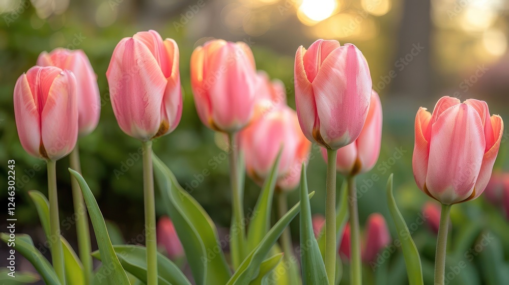 A vibrant display of pink and white tulips blooming in a serene garden during sunset