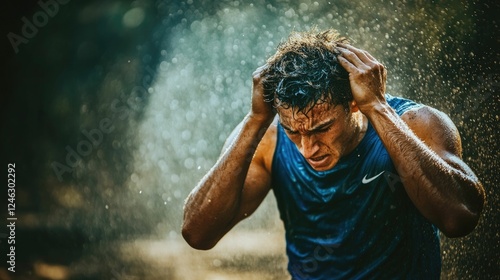 Sweaty man, rain, exhaustion, blue shirt, outdoor.