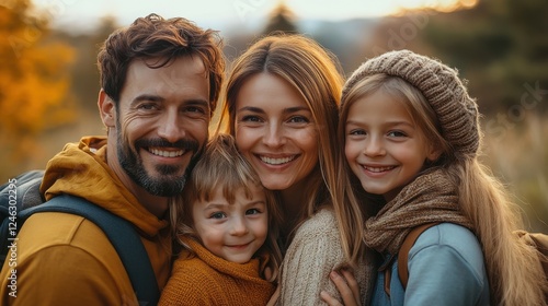 Family enjoying a joyful moment outdoors on a sunny autumn day in a picturesque park surrounded by colorful foliage