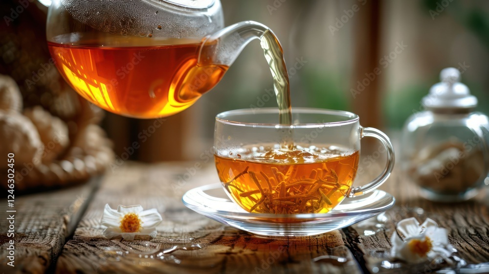 A teapot pouring aromatic herbal tea into a clear cup on a rustic wooden table with flowers A teapot pouring aromatic herbal tea into a clear cup on a rustic wooden table with flowers