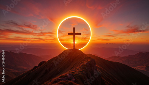 Crowned cross silhouette during eclipse at sunset, spiritual reflection