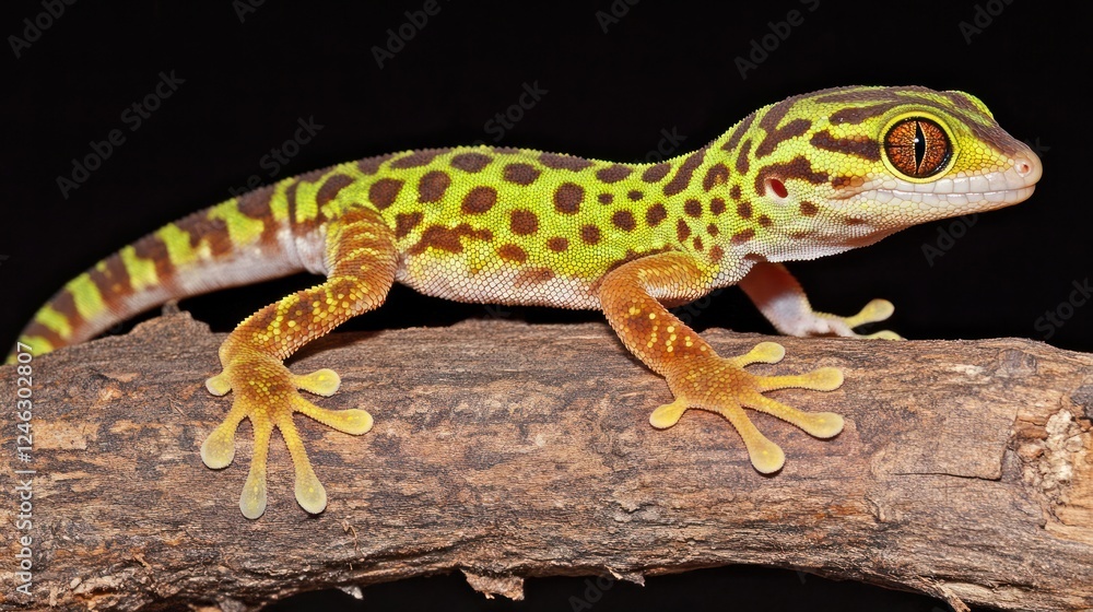 A vibrant green and brown gecko perched on a weathered branch against a black backdrop. A vibrant green and brown gecko perched on a weathered branch against a black backdrop.