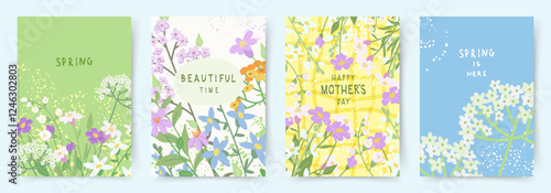 Spring set of cards with drawn cute meadow flowers. Floral botanical art templates for holiday card, poster, invitation, social media post, cover, advertisement, for Mother's Day, Easter and Birthday 
