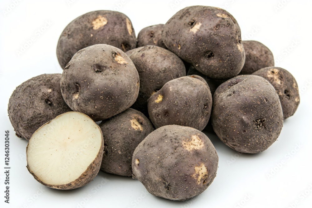 Pile of Fresh Purple Potatoes on White Background Close Up Displaying Natural Texture Pile of Fresh Purple Potatoes on White Background Close Up Displaying Natural Texture