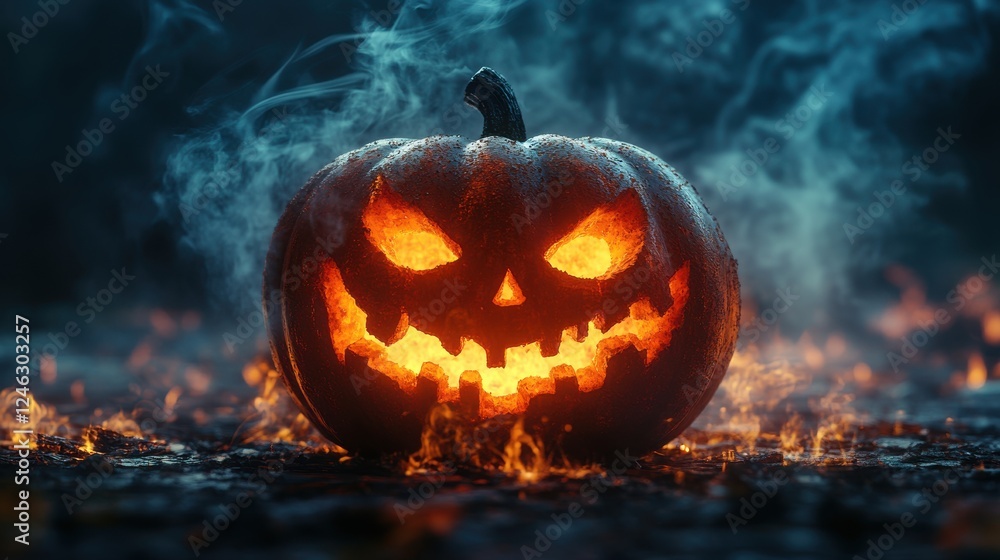 pumpkin with scary face and smoke on dark background 3d illustration pumpkin with scary face and smoke on dark background 3d illustration