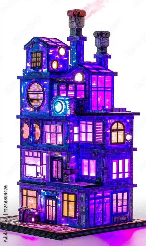 Fototapeta premium Illuminated model building with purple lights, steam, and intricate details on display