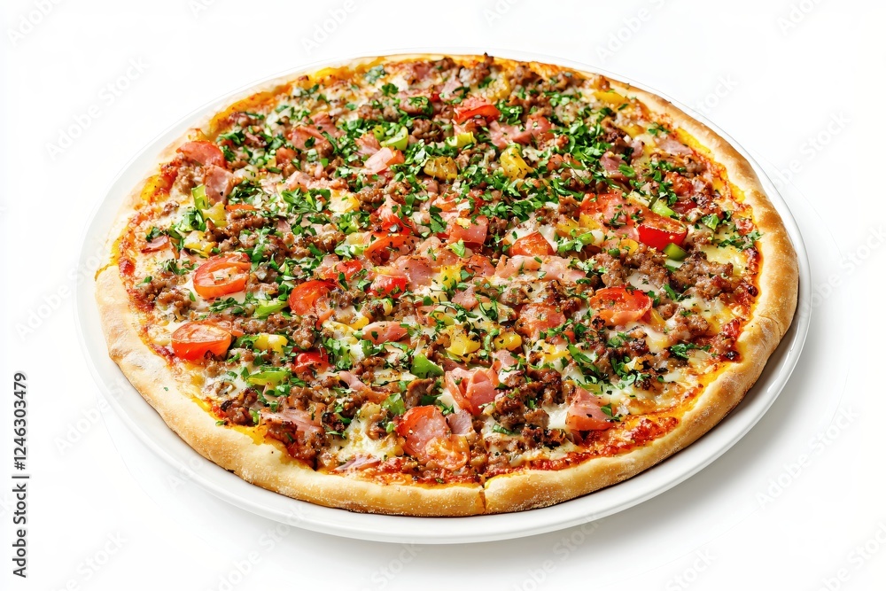 Delicious gourmet pizza with fresh toppings on a white plate ready to be served and enjoyed Delicious gourmet pizza with fresh toppings on a white plate ready to be served and enjoyed