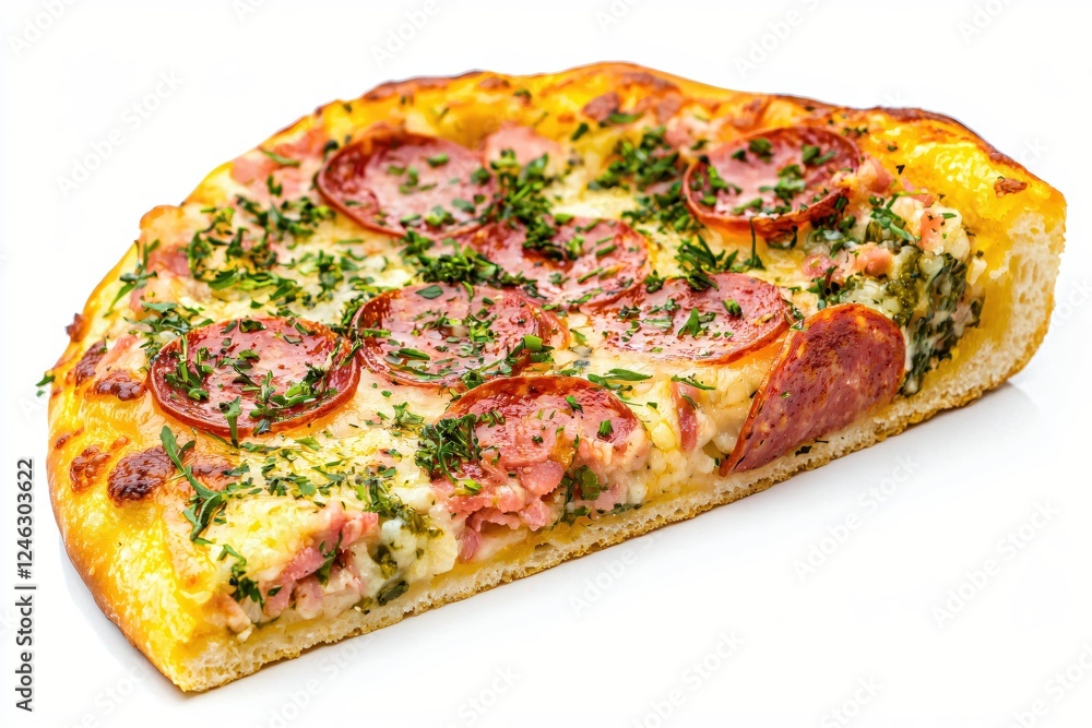 Delicious pepperoni pizza slice on white background showcasing fresh ingredients and golden crust Delicious pepperoni pizza slice on white background showcasing fresh ingredients and golden crust