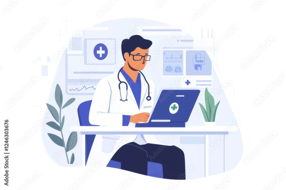 Doctor using artificial intelligence software on laptop for medical diagnosis, patient data analysis, and healthcare management Doctor using artificial intelligence software on laptop for medical diagnosis, patient data analysis, and healthcare management