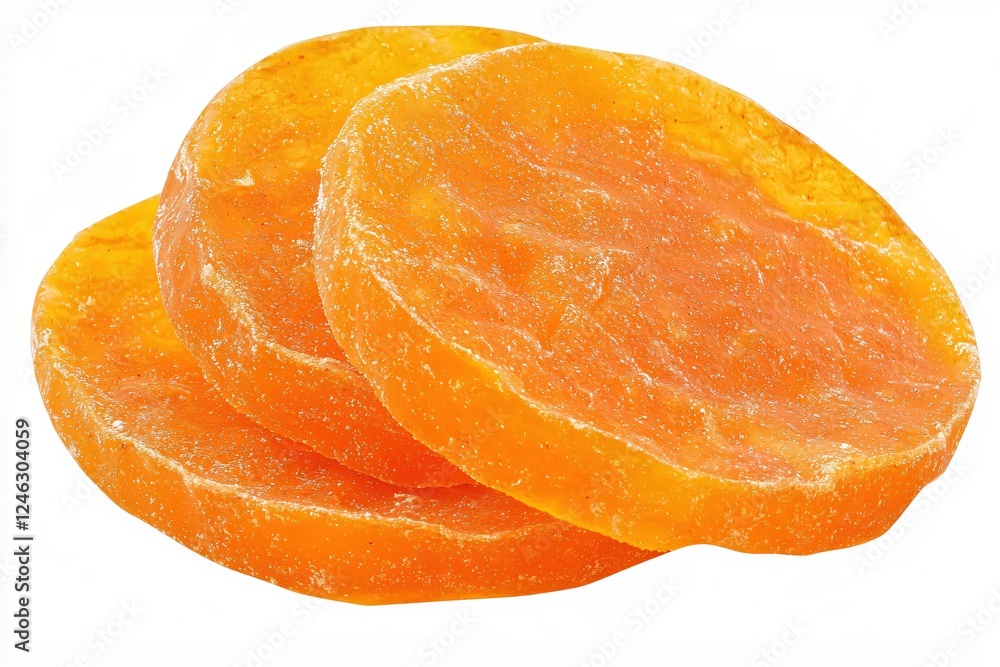 Three vibrant orange slices of dried apricot fruit stacked on a clean white background Three vibrant orange slices of dried apricot fruit stacked on a clean white background