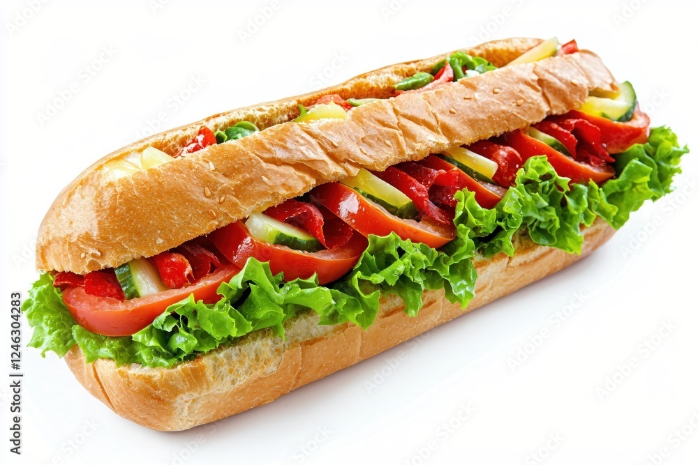 Fresh and Delicious Sub Sandwich with Colorful Vegetables on a White Background Studio Shot Fresh and Delicious Sub Sandwich with Colorful Vegetables on a White Background Studio Shot