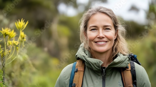 A mid-adult woman exploring eco-tourism trails in the Auckland region, enjoying the simplicity of life.