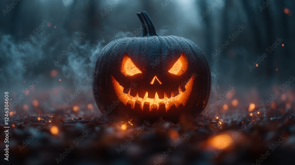 Fototapeta premium pumpkin with scary face on foggy background panoramic banner
