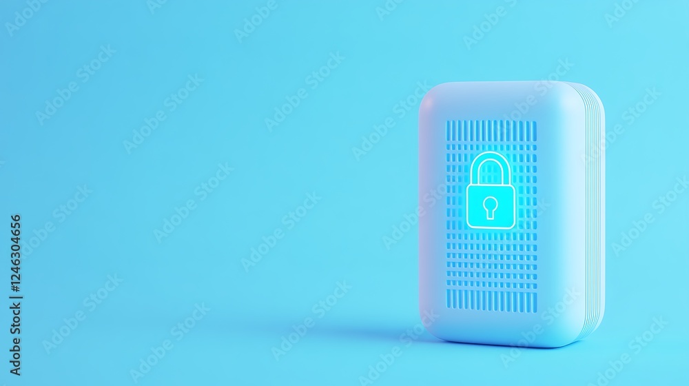 Digital security box with glowing padlock icon on a bright blue background for modern cybersecurity concepts Digital security box with glowing padlock icon on a bright blue background for modern cybersecurity concepts