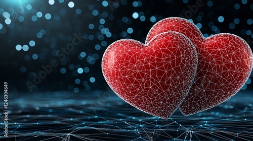 Sparkling Red Hearts on Dark Blue Reflective Surface