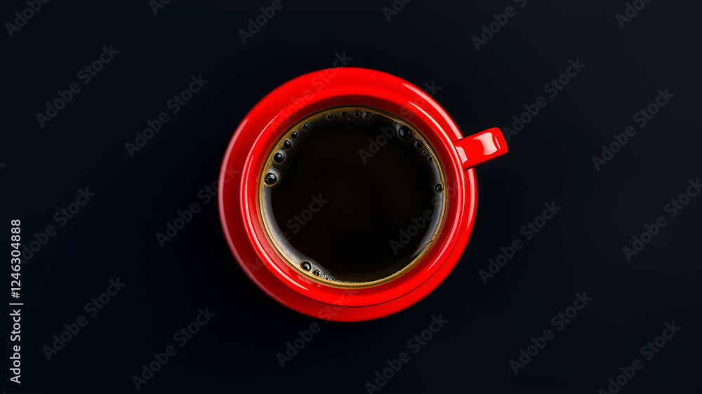 Red cup with aromatic coffee on black background, top view. Generative AI Red cup with aromatic coffee on black background, top view. Generative AI