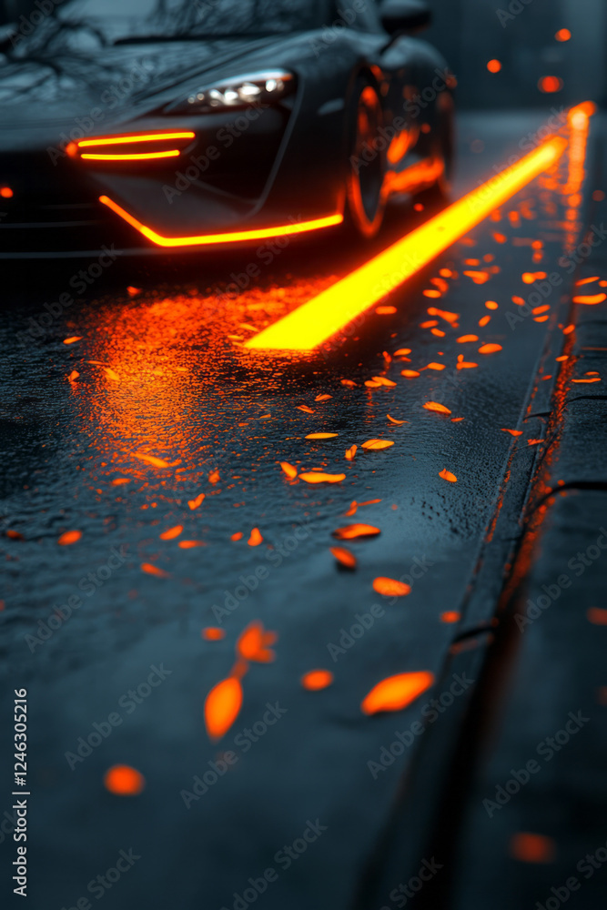 Naklejka premium A close-up shot revealing futuristic headlights beaming onto bright orange leaves, neon stripes