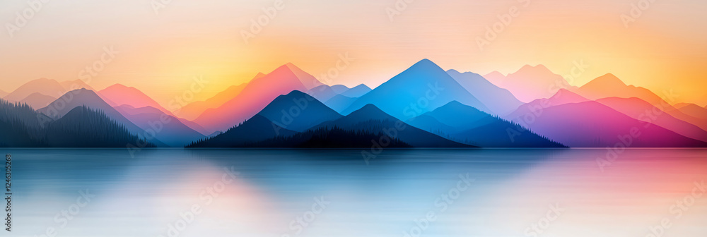 Obraz premium A minimalistic view of mountains at sunset, the lake reflecting warm light as slow, drifting