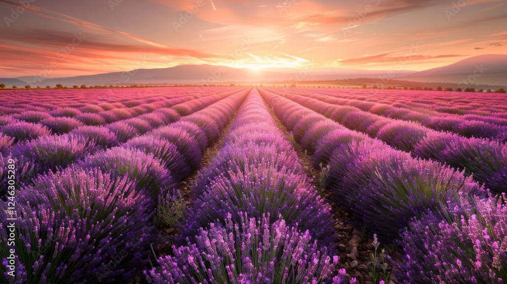 Fototapeta premium Expansive lavender fields under a vibrant sunset with distant mountains and serene atmosphere