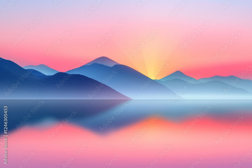 A tranquil depiction of a serene lake mirroring a sunset over distant peaks, sun rays shifting A tranquil depiction of a serene lake mirroring a sunset over distant peaks, sun rays shifting