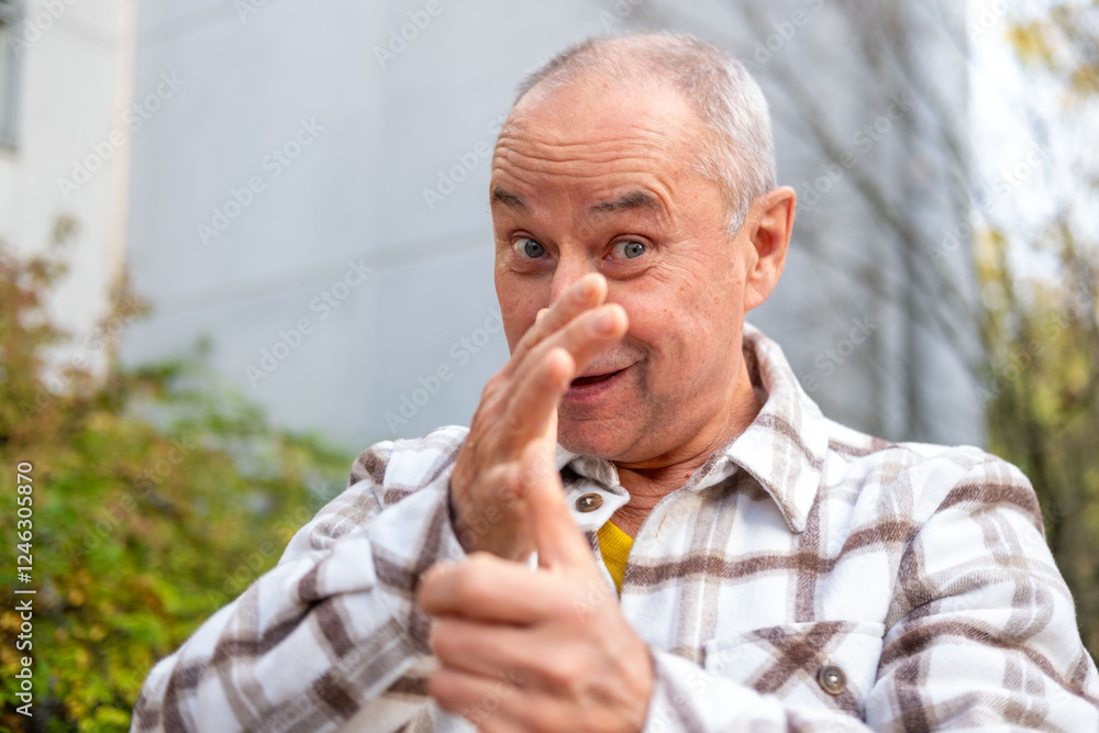 Playful man making funny face, funny freak portrait with playful gestures, whimsical expression, Spontaneous moment captured outdoors Playful man making funny face, funny freak portrait with playful gestures, whimsical expression, Spontaneous moment captured outdoors