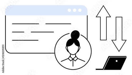 Web page interface with text lines, woman profile circle, upward and downward arrows, laptop. Ideal for UIUX design, business communication, data transfer, online interaction, telecommuting user