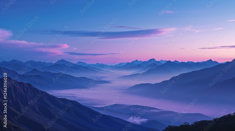 Serene sunrise over a vast mountain range, bathed in soft purple and blue hues. A breathtaking view of nature's beauty. Serene sunrise over a vast mountain range, bathed in soft purple and blue hues. A breathtaking view of nature's beauty.